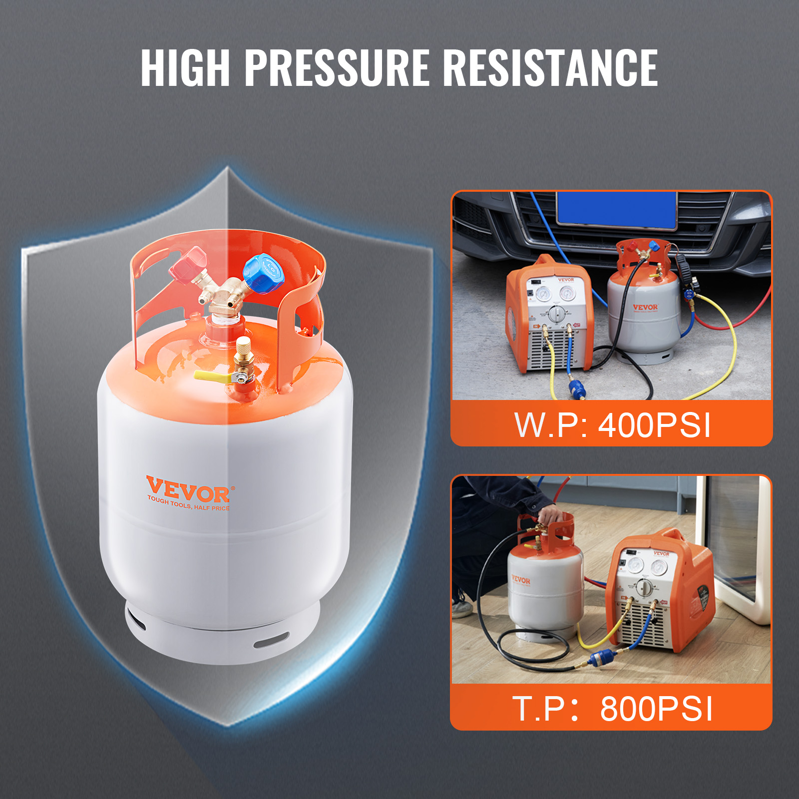 VEVOR refrigerant recovery tank with high pressure resistance, w.p: 400psi, t.p: 800psi.