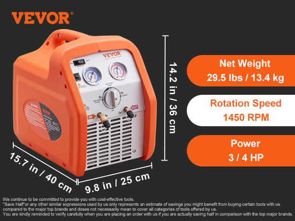 VEVOR refrigerant recovery machine with specifications, accessories, and dimensions prominently displayed.