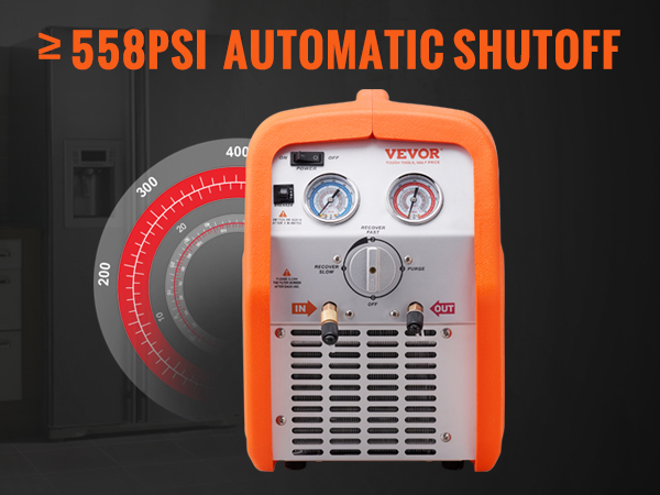 VEVOR refrigerant recovery machine with ≥558 psi automatic shutoff preventing overpressure damage.