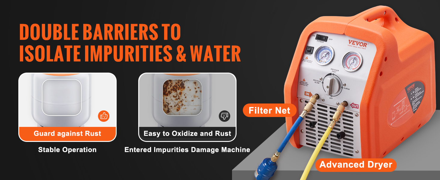 VEVOR refrigerant recovery machine with advanced dryer, filter net, and rust guard for optimal performance