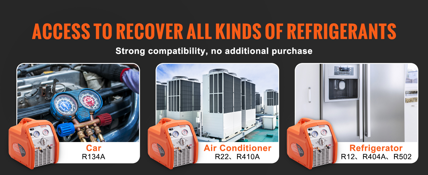 VEVOR refrigerant recovery machine compatible with car, air conditioner, and refrigerator.