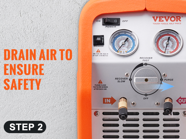orange and silver VEVOR refrigerant recovery machine panel with