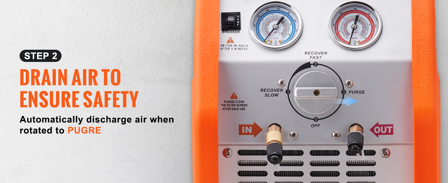 orange and silver VEVOR refrigerant recovery machine panel with