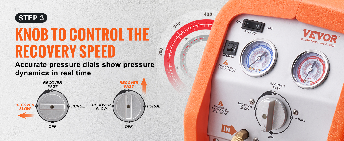 control knob and pressure dials of VEVOR refrigerant recovery machine, showing speed and dynamics settings.
