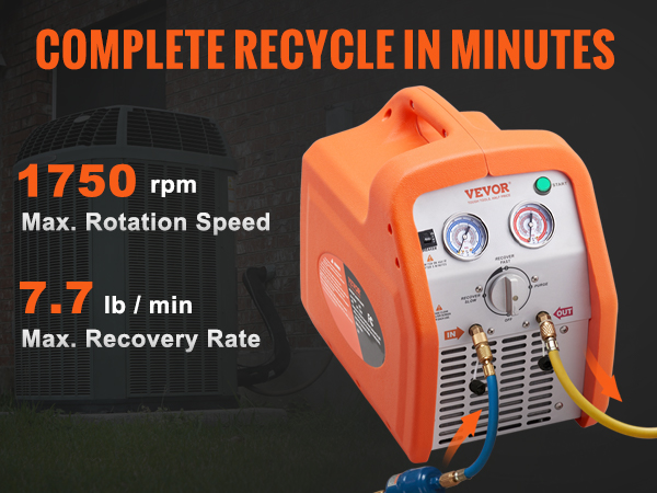 VEVOR refrigerant recovery machine with 59% increased recycling speed, 1750 rpm, and 7.7 lb/min rate.