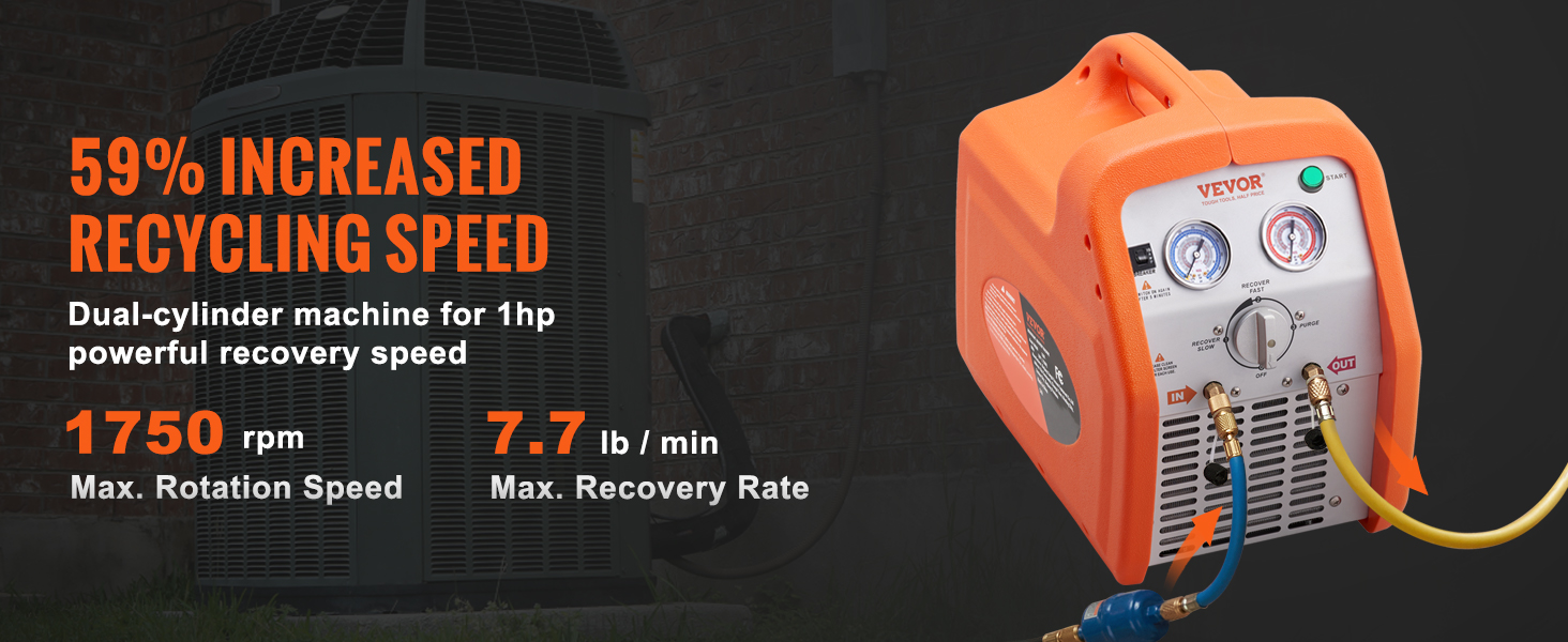 VEVOR refrigerant recovery machine with 59% increased recycling speed, 1750 rpm, and 7.7 lb/min rate.
