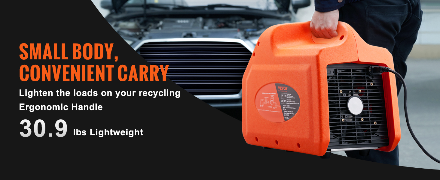 VEVOR refrigerant recovery machine, ergonomic handle, lightweight 30.9 lbs, convenient carry design.