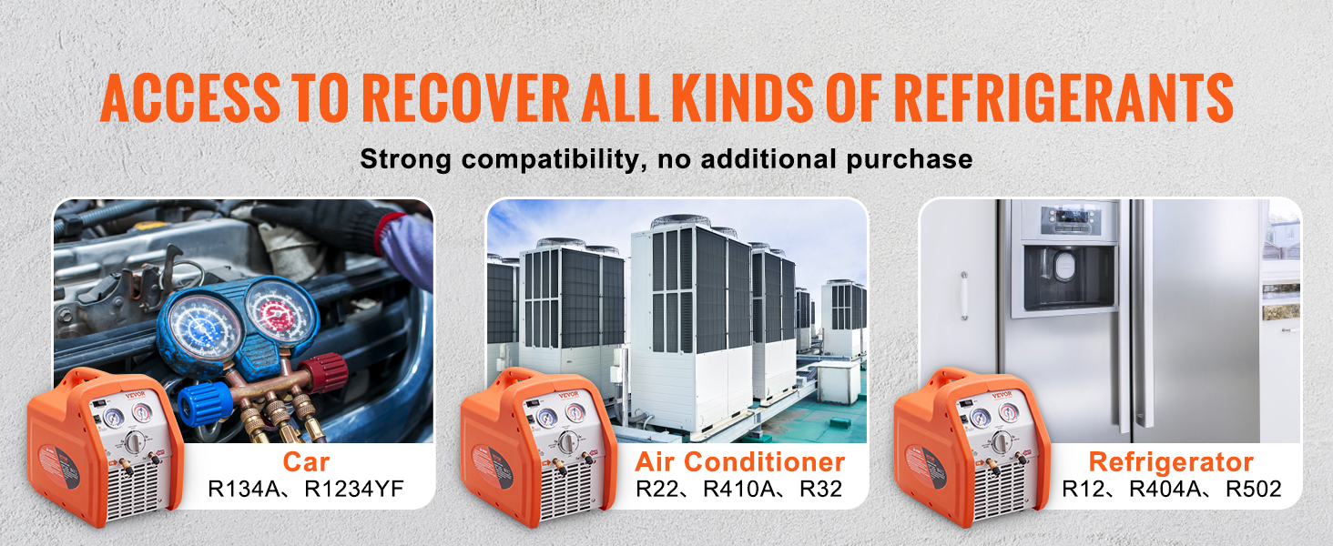 VEVOR refrigerant recovery machine for car, air conditioner, and refrigerator with strong compatibility.