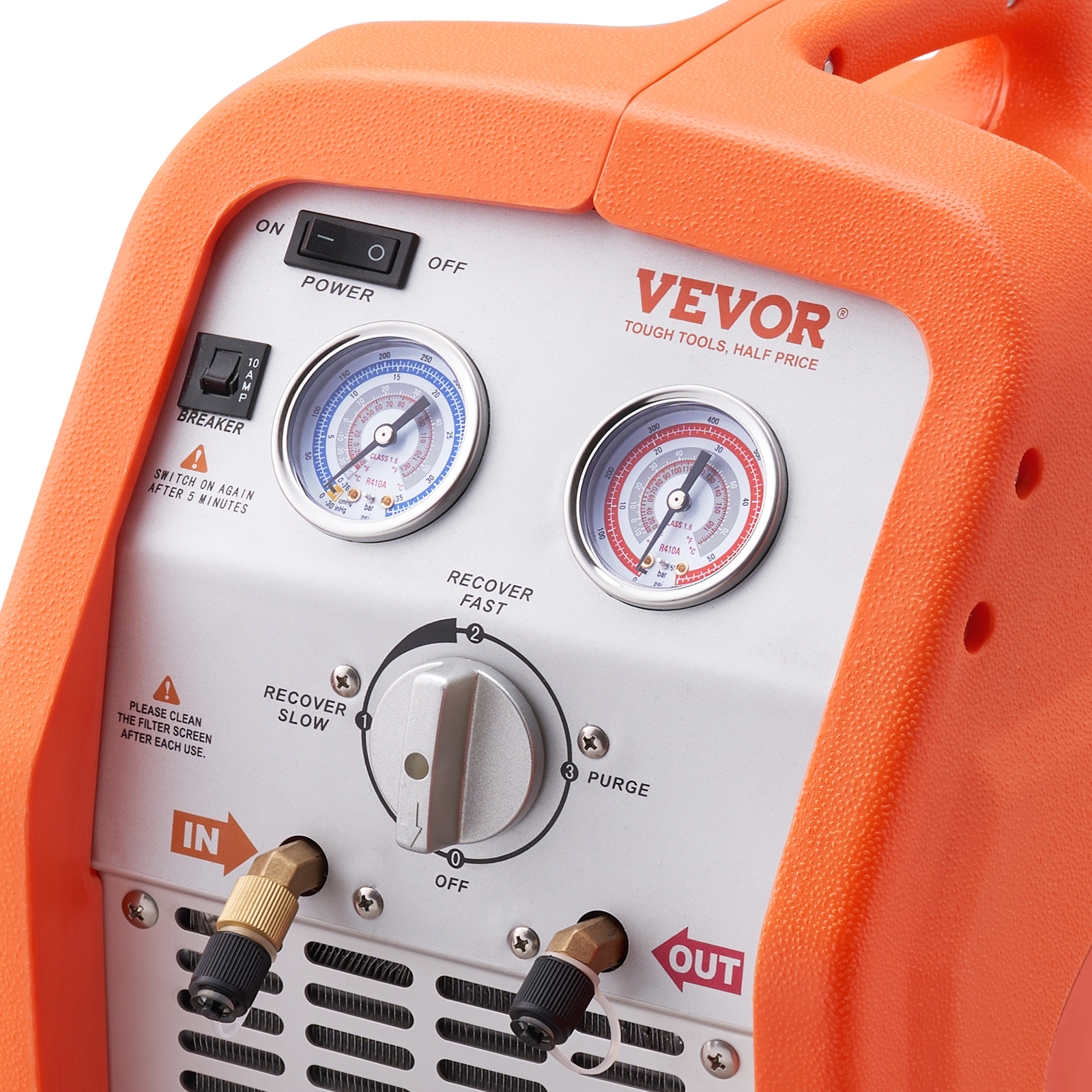 VEVOR refrigerant recovery machine with dual gauges, control dial, and in/out ports in an orange case.