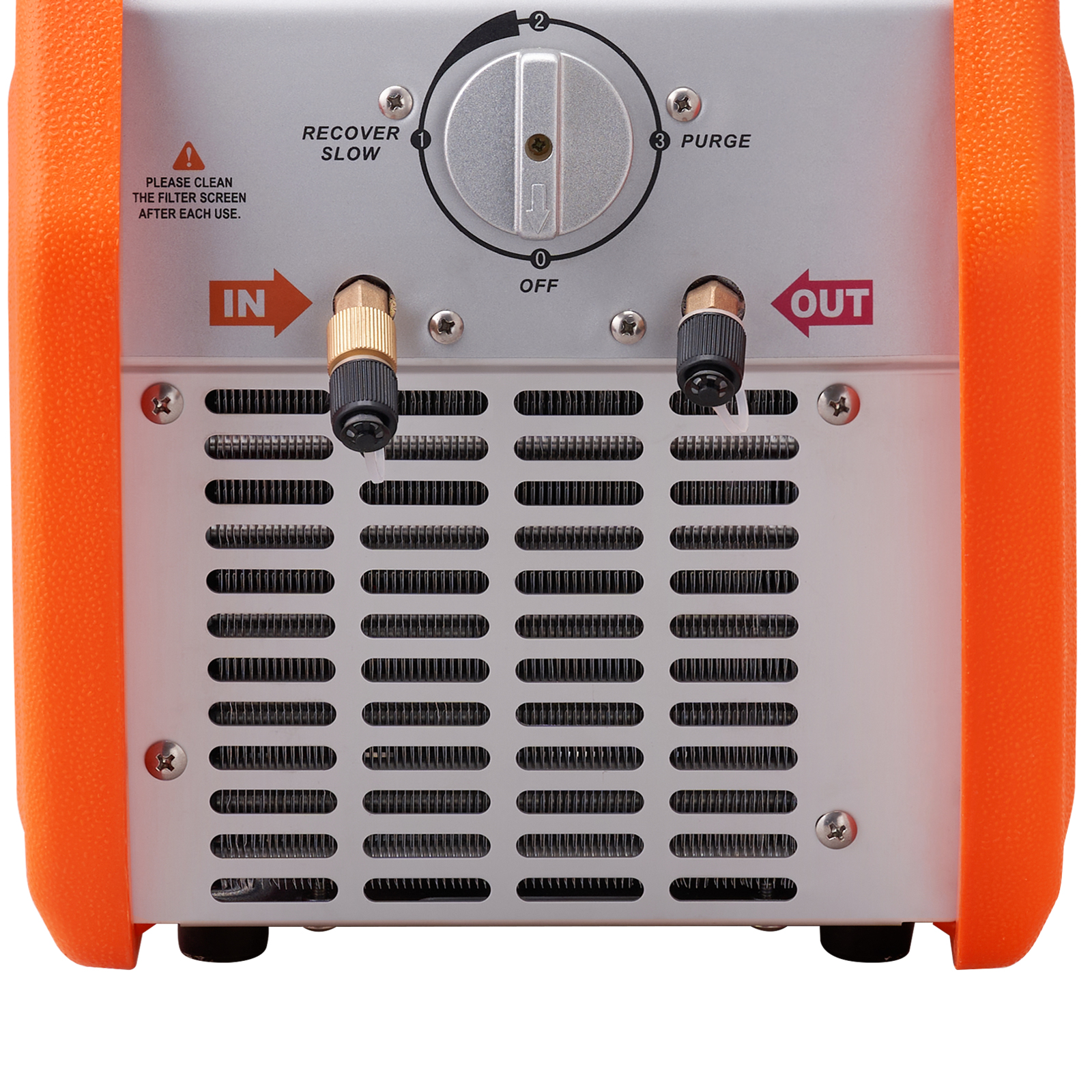 close-up view of VEVOR refrigerant recovery machine control panel with in and out labels and purge dial.