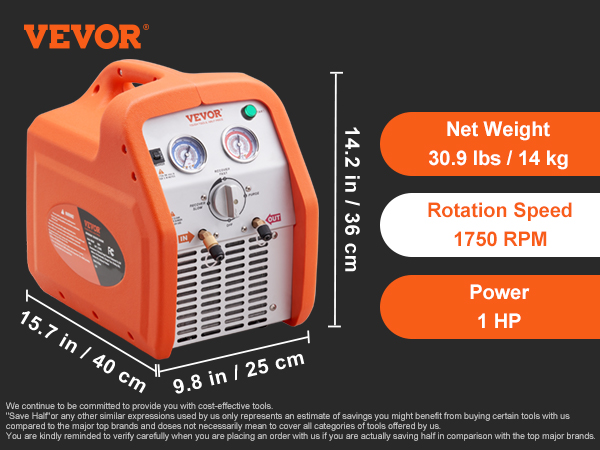 VEVOR refrigerant recovery machine with 1 hp motor, 120v, 558 psi, and 7.7 lb/min max recovery rate.