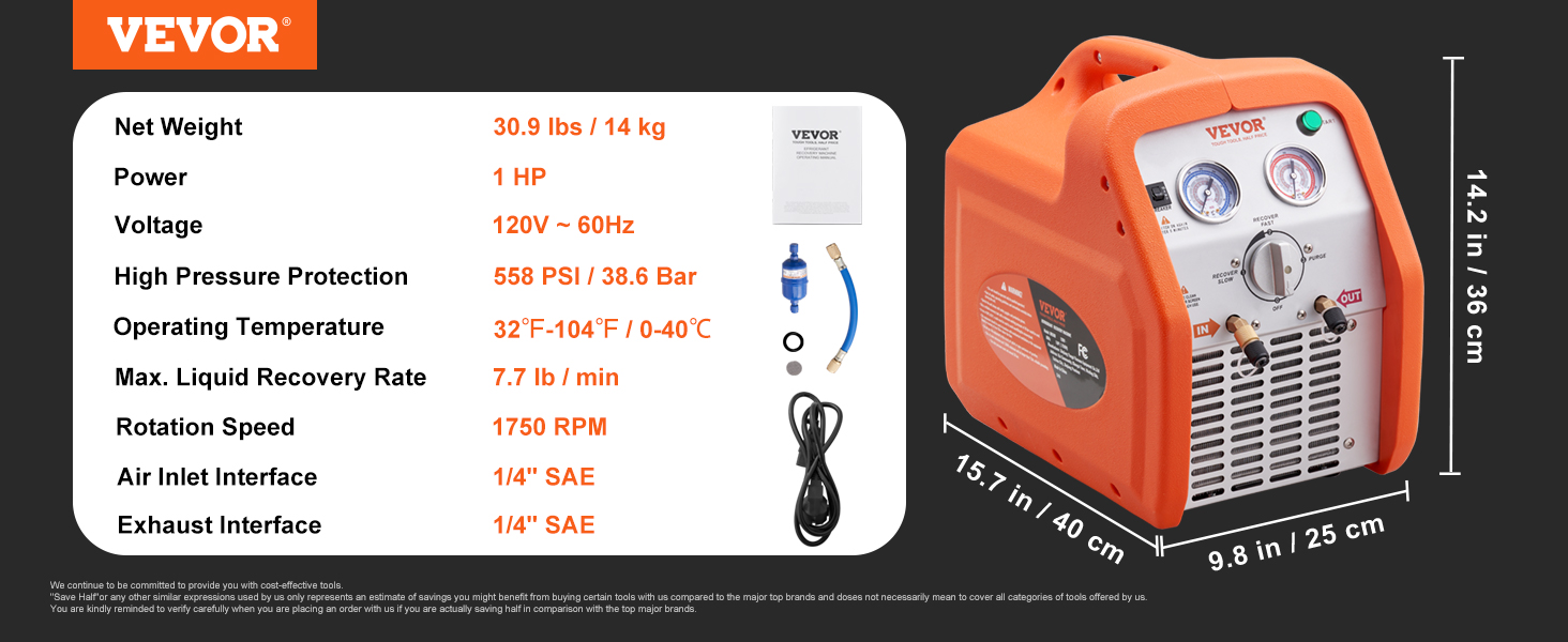 VEVOR refrigerant recovery machine with 1 hp motor, 120v, 558 psi, and 7.7 lb/min max recovery rate.