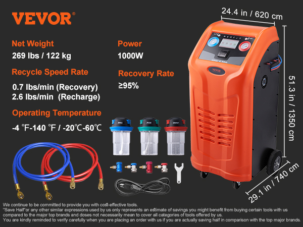 VEVOR refrigerant recovery machine with specifications, hoses, filters, and accessories.