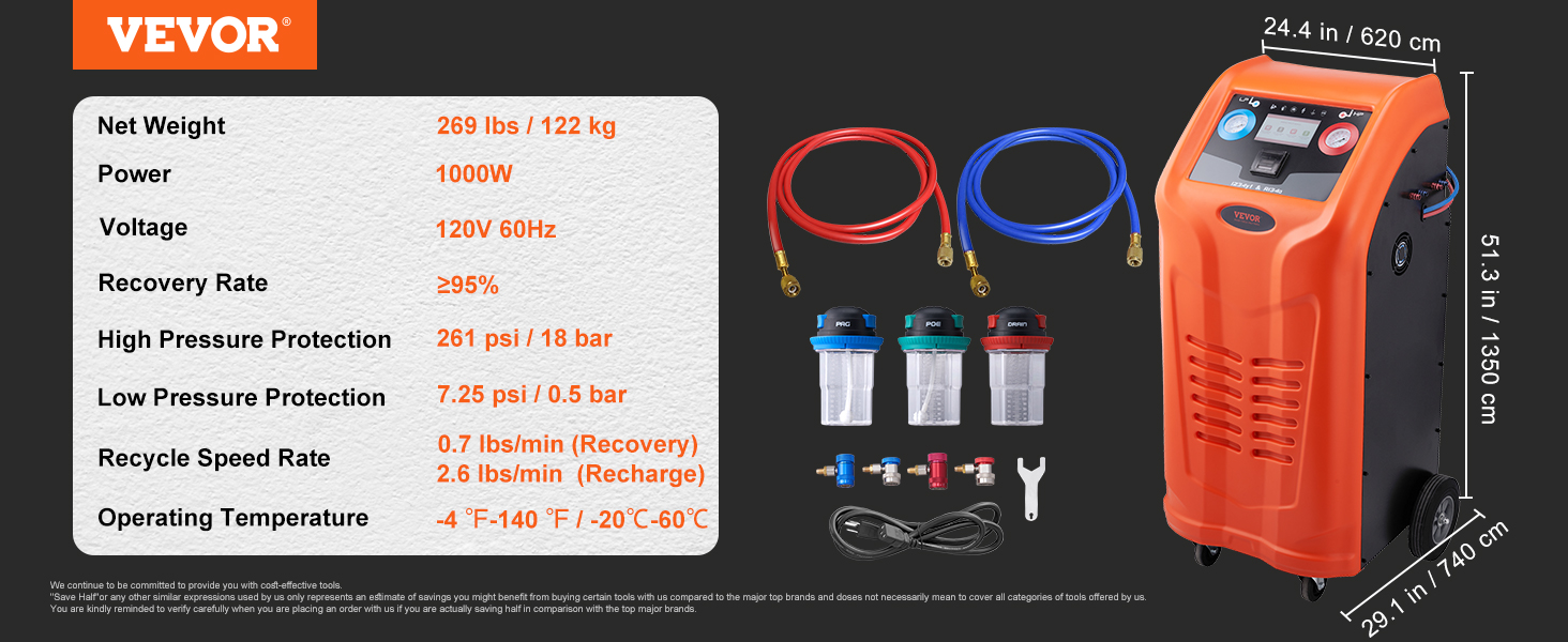 VEVOR refrigerant recovery machine with specifications, hoses, filters, and accessories.