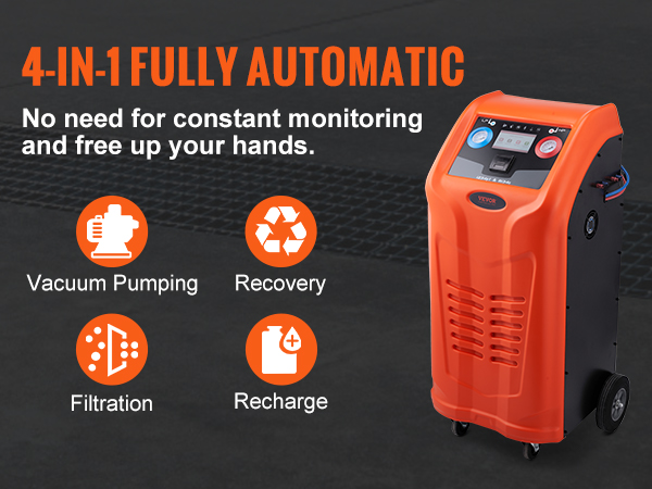 4-in-1 VEVOR refrigerant recovery machine with ≥95% recovery rate, vacuum pumping, filtration, and recharge.