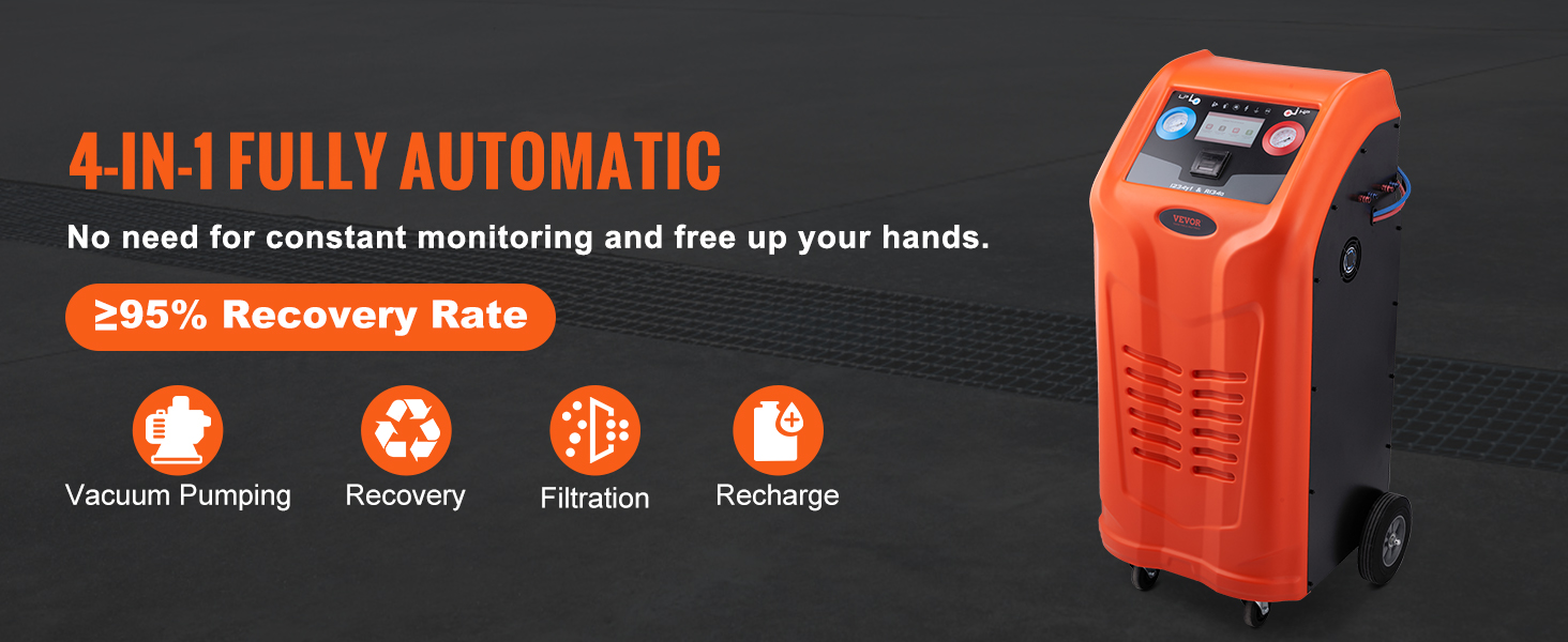 4-in-1 VEVOR refrigerant recovery machine with ≥95% recovery rate, vacuum pumping, filtration, and recharge.