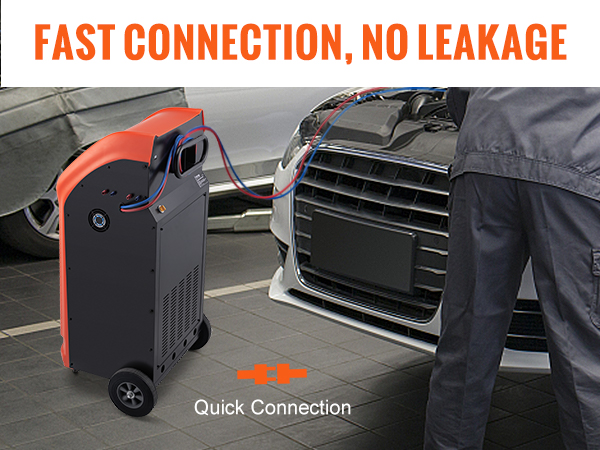 VEVOR refrigerant recovery machine connected to a car, highlighting fast connection and no leakage.