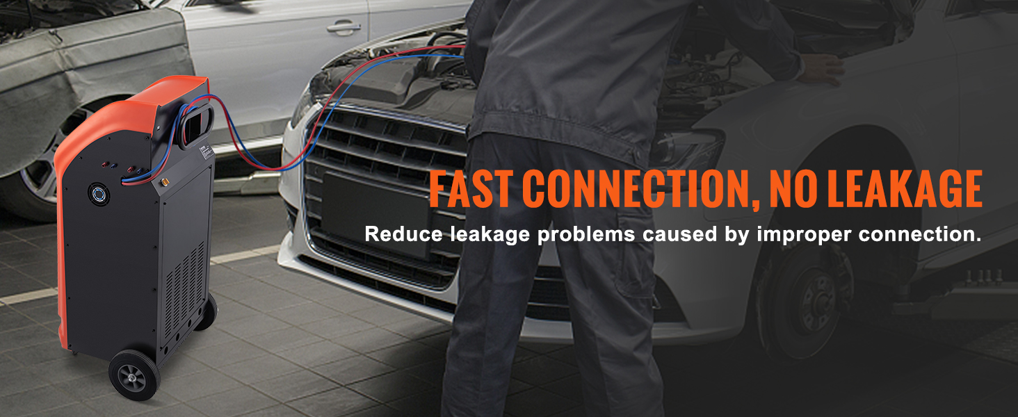 VEVOR refrigerant recovery machine connected to a car, highlighting fast connection and no leakage.