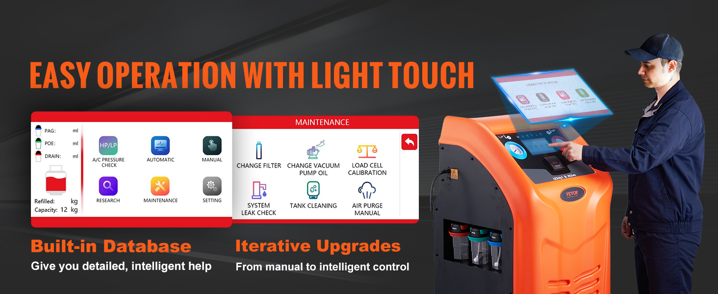VEVOR refrigerant recovery machine with touchscreen, built-in database, and easy operation features.