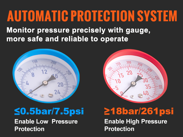 VEVOR refrigerant recovery machine with automatic protection system, pressure gauges, and reliability.