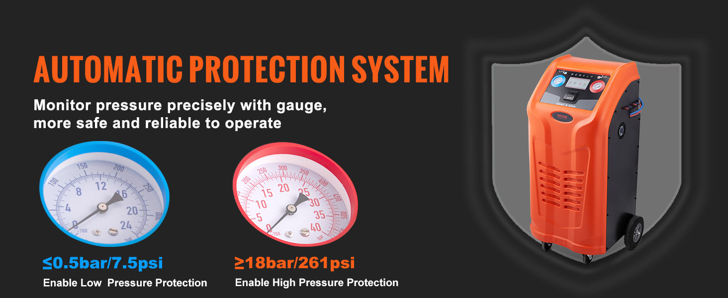 VEVOR refrigerant recovery machine with automatic protection system, pressure gauges, and reliability.