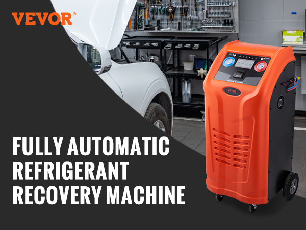 VEVOR refrigerant recovery machine beside white suv, boasting efficient recovery, precise control, and pure recovery.