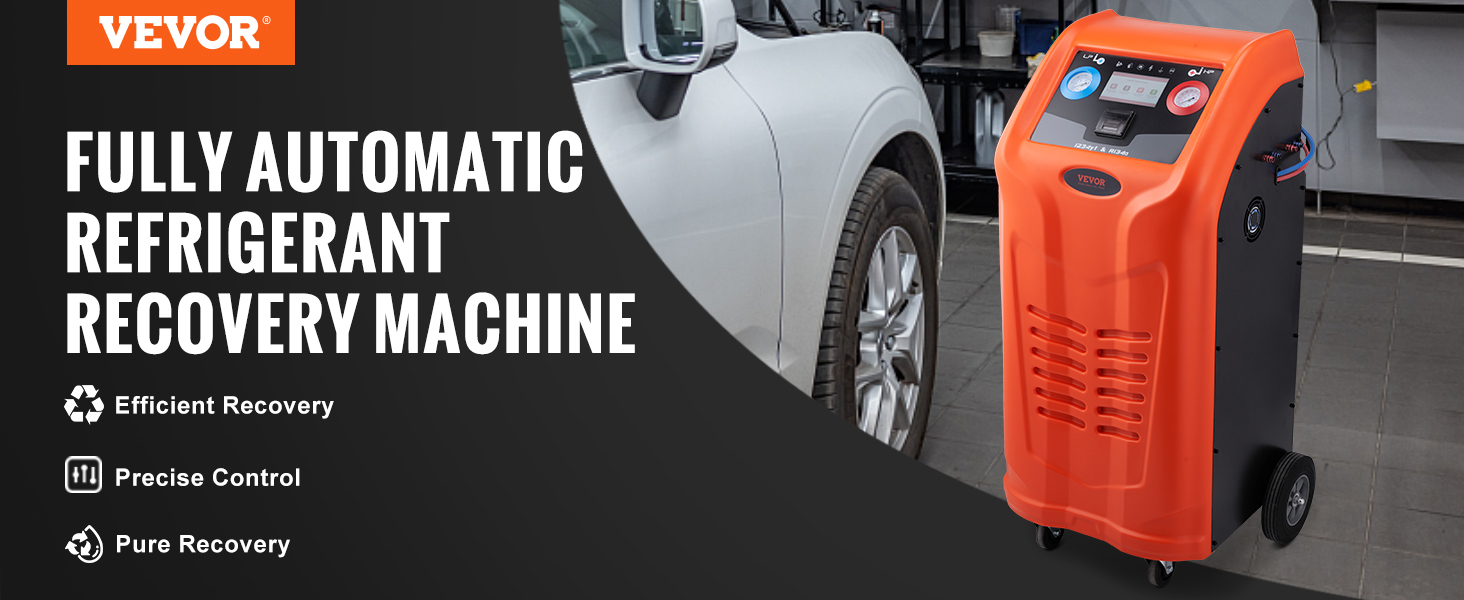 VEVOR refrigerant recovery machine beside white suv, boasting efficient recovery, precise control, and pure recovery.