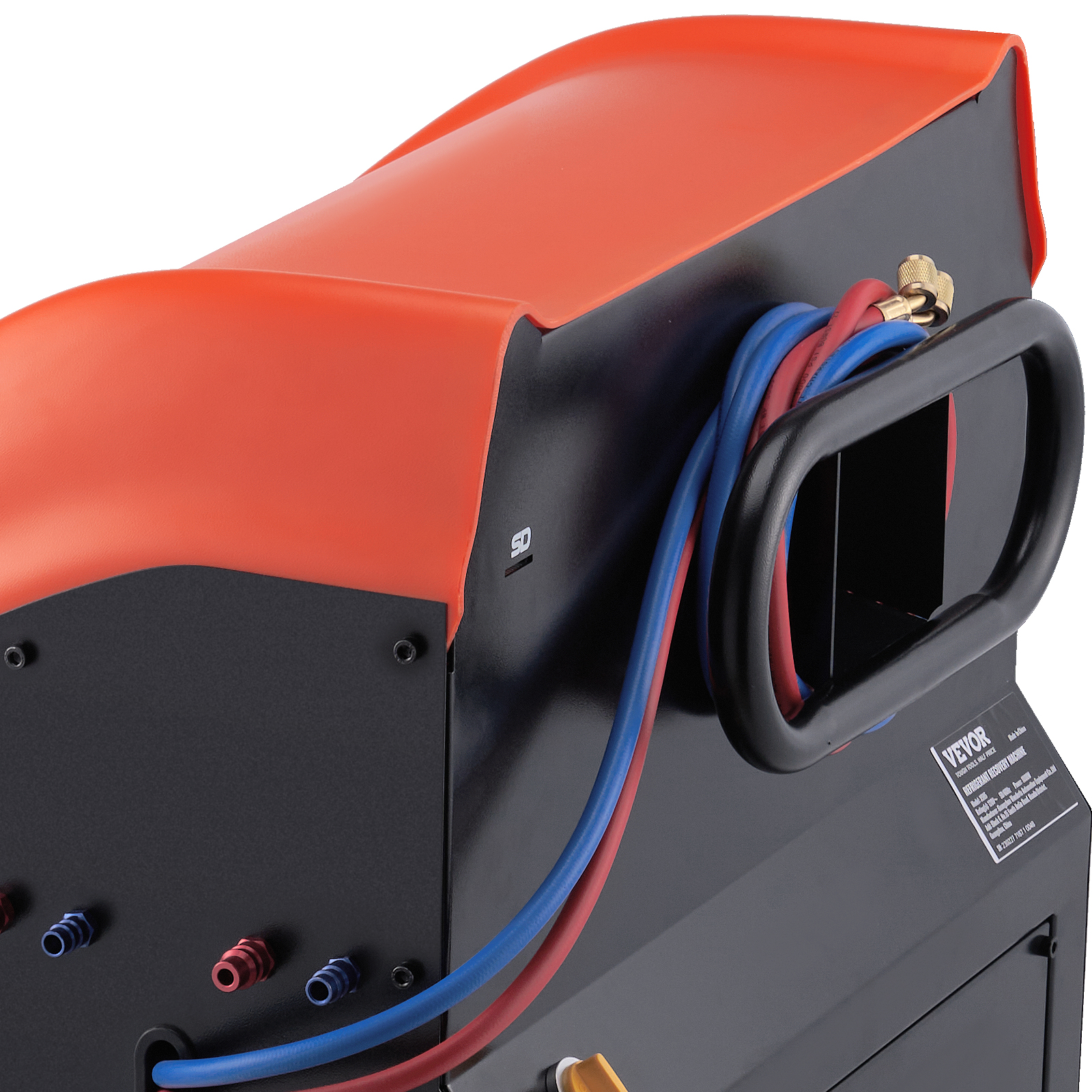 VEVOR refrigerant recovery machine with red top cover and attached blue, red hoses.