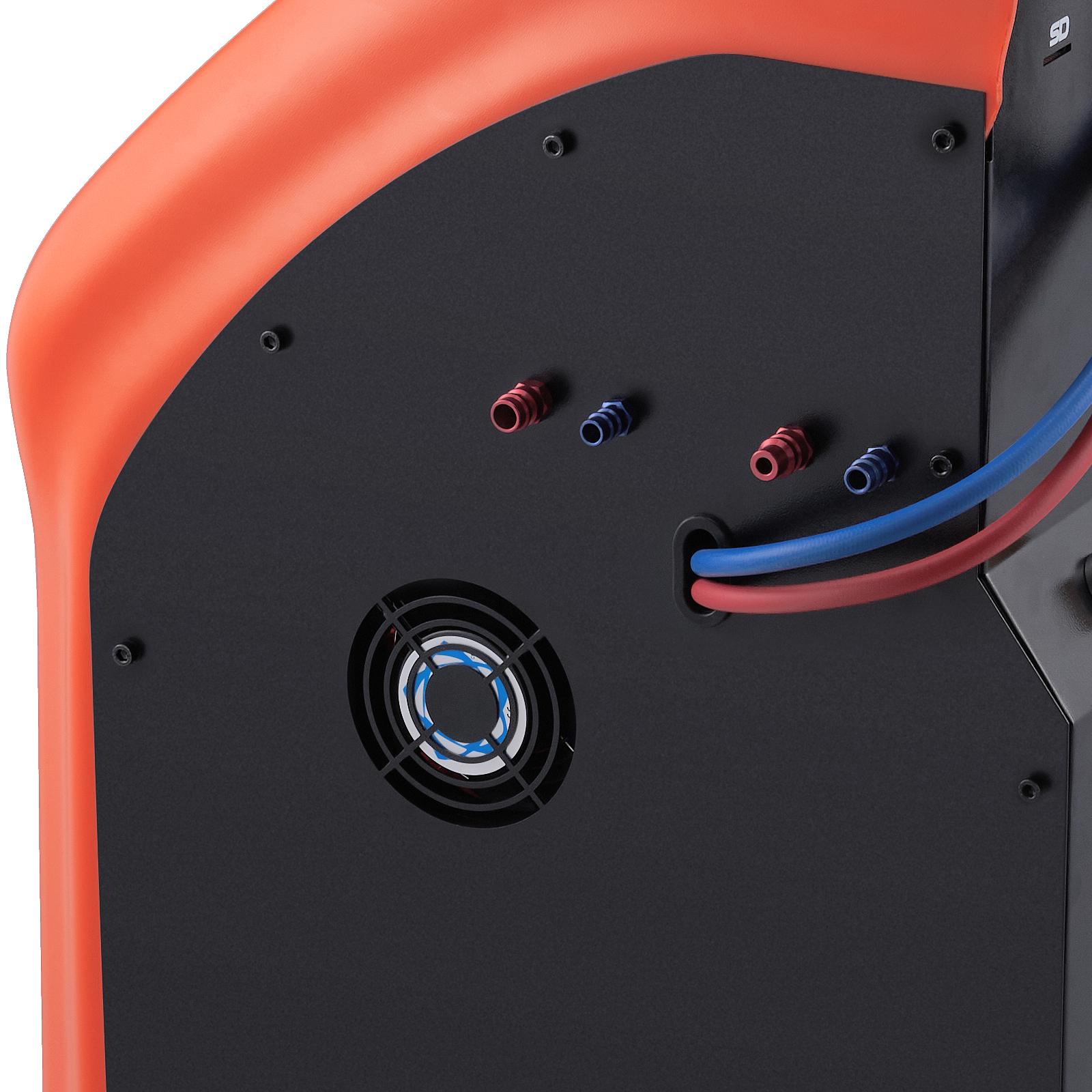 VEVOR refrigerant recovery machine with red and blue hoses, ventilation fan, and orange casing.