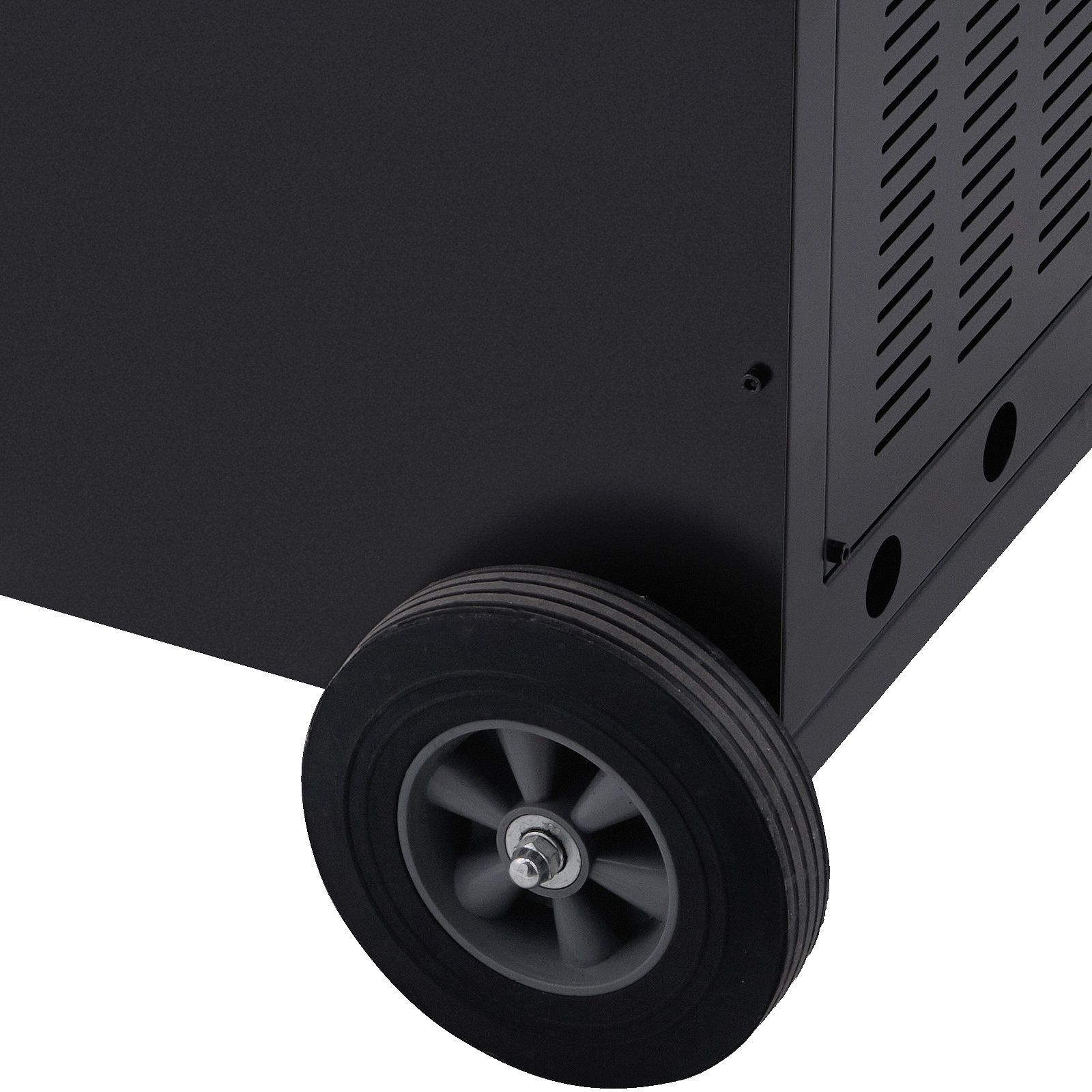 VEVOR refrigerant recovery machine black metal side with wheel, showcasing part of the vented panel design.