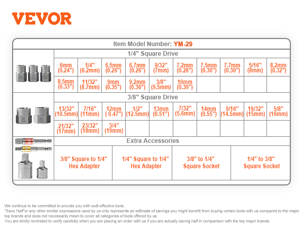 VEVOR bolt extractor set ym-29 with hex adapters, square drives in various sizes, and extra accessories.