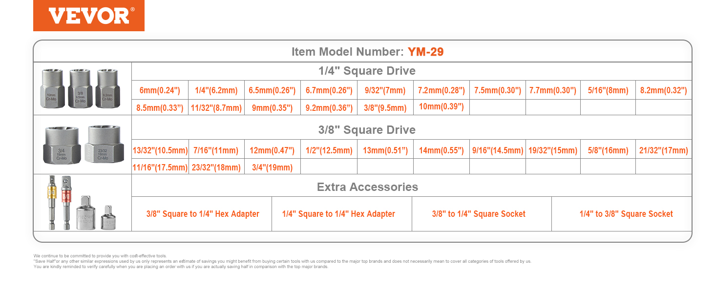 VEVOR bolt extractor set ym-29 with hex adapters, square drives in various sizes, and extra accessories.