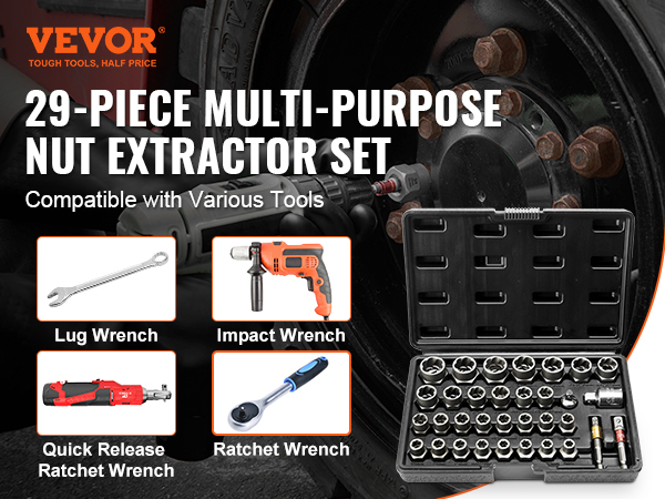 VEVOR bolt extractor set, 29-piece multi-purpose nut extractor, compatible with various tools.