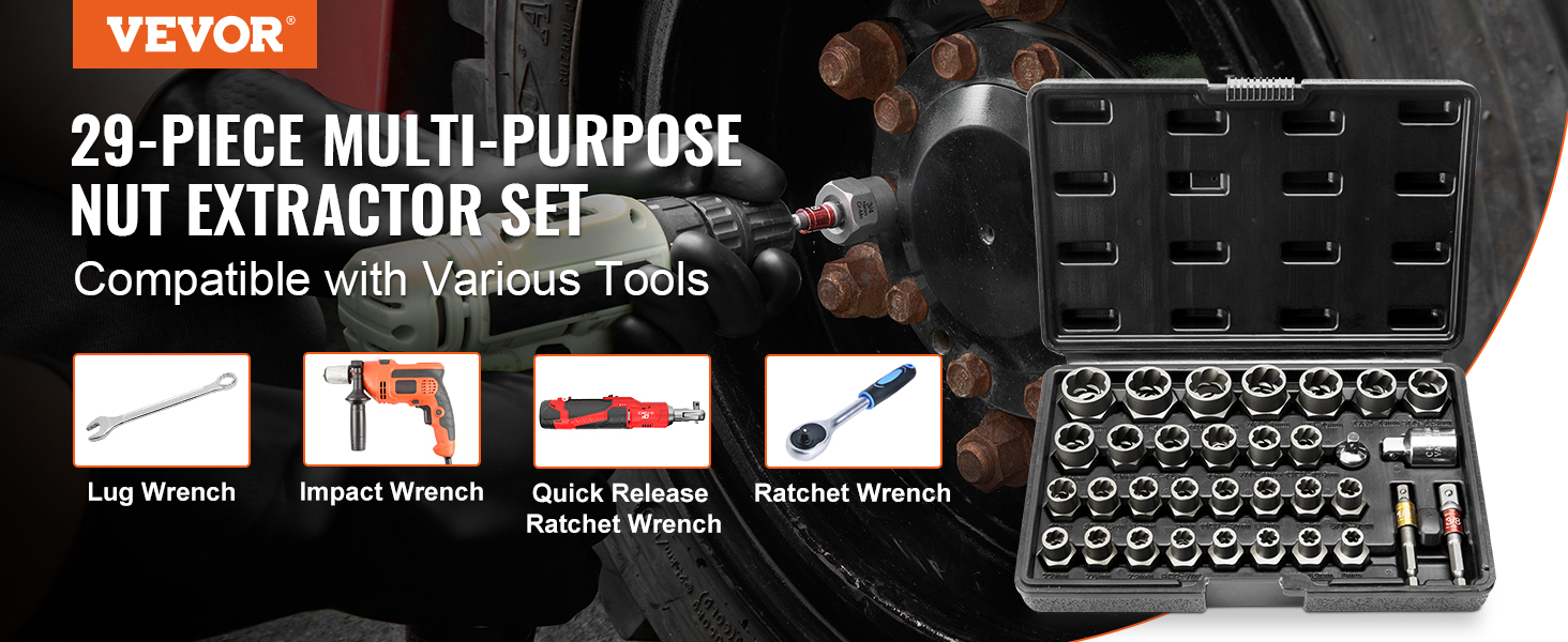 VEVOR bolt extractor set, 29-piece multi-purpose nut extractor, compatible with various tools.