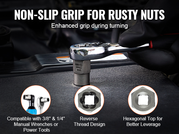 non-slip VEVOR bolt extractor set for rusty nuts, compatible with manual wrenches and power tools.
