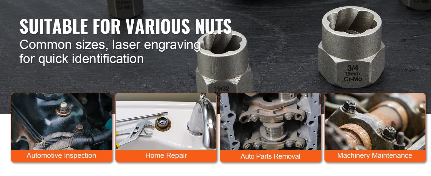 VEVOR bolt extractor set suitable for various nuts, featuring common sizes, laser engraving for id.