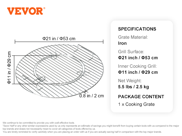 VEVOR cooking grate, 21-inch grill surface, iron material, 5.5 lbs weight, suitable for grilling.