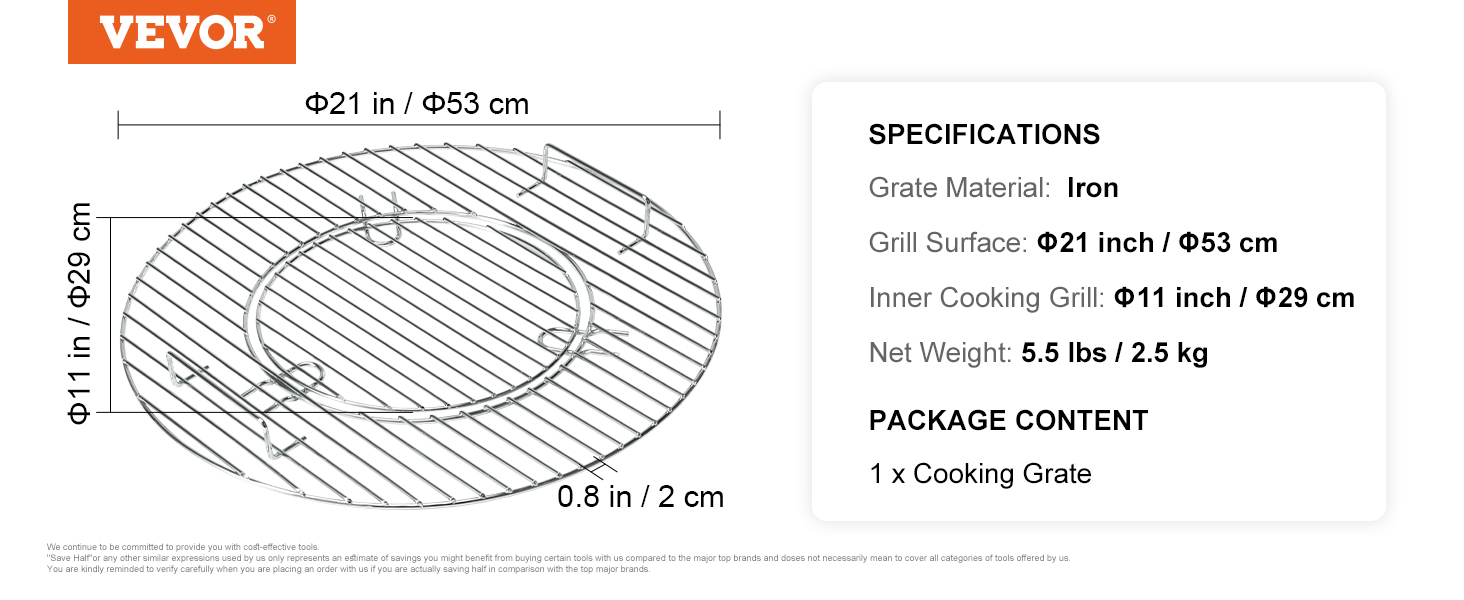 VEVOR cooking grate, 21-inch grill surface, iron material, 5.5 lbs weight, suitable for grilling.