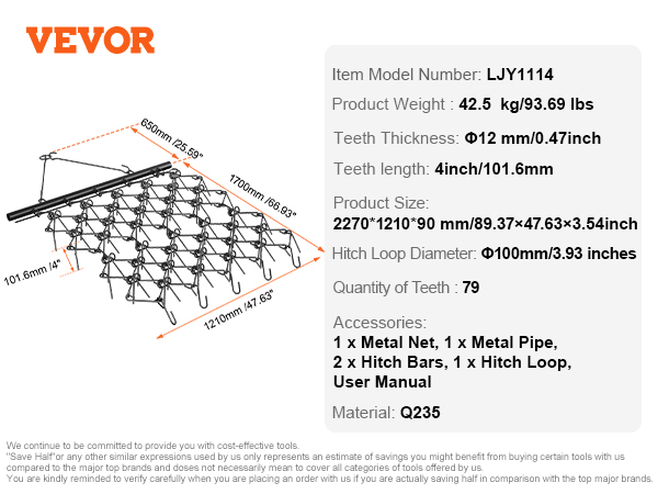 VEVOR drag harrow with 12mm teeth, 2270x1210mm size, 4-inch length, and 79 teeth count.