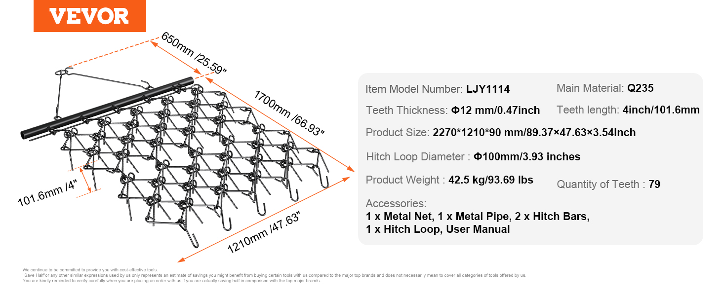 VEVOR drag harrow with 12mm teeth, 2270x1210mm size, 4-inch length, and 79 teeth count.