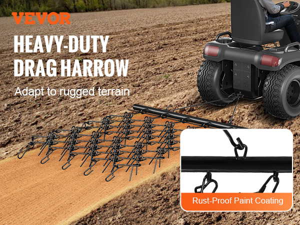 VEVOR drag harrow attached to a vehicle, featuring rust-proof paint coating, designed for rugged terrains.