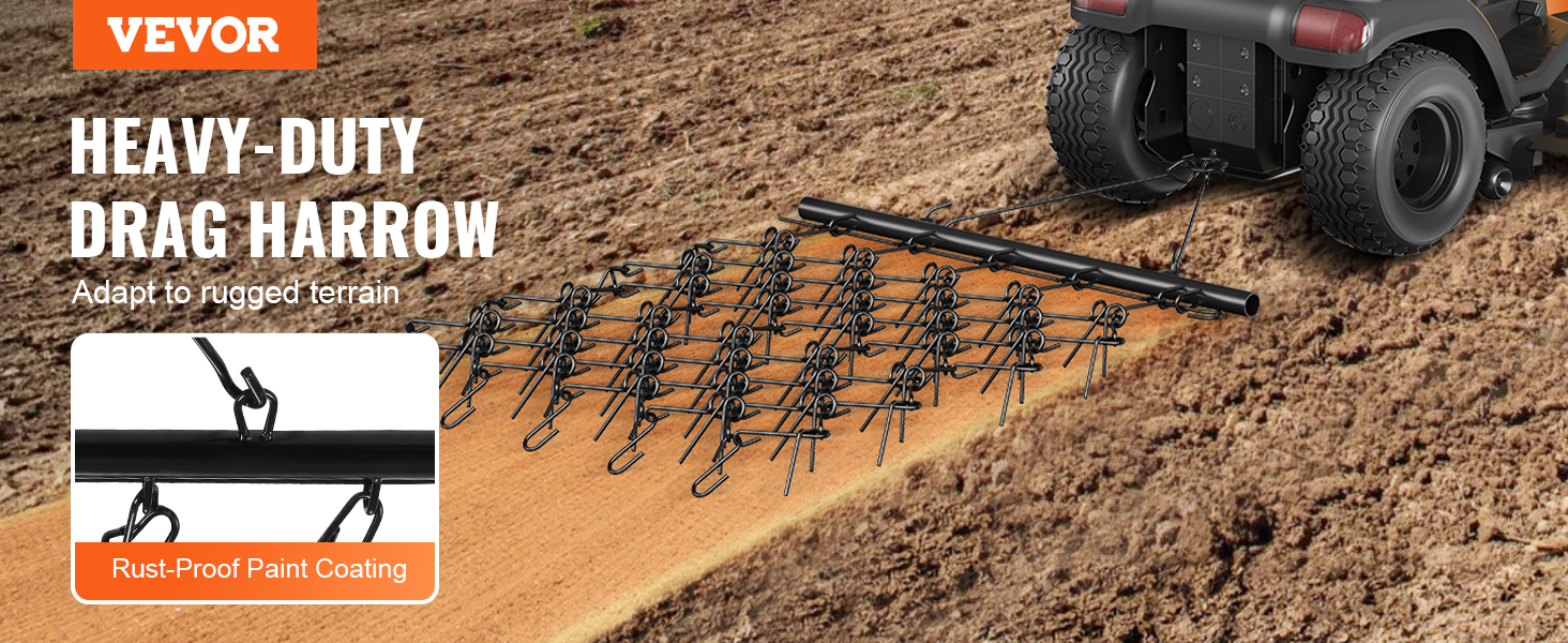 VEVOR drag harrow attached to a vehicle, featuring rust-proof paint coating, designed for rugged terrains.