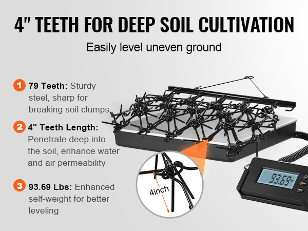 4" teeth VEVOR drag harrow for deep soil cultivation, 79 teeth, 4" teeth length, 93.69 lbs for leveling.