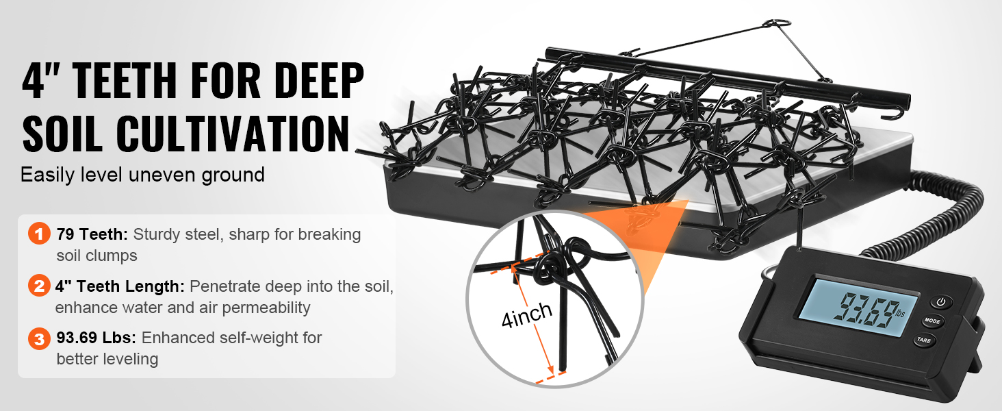 4" teeth VEVOR drag harrow for deep soil cultivation, 79 teeth, 4" teeth length, 93.69 lbs for leveling.