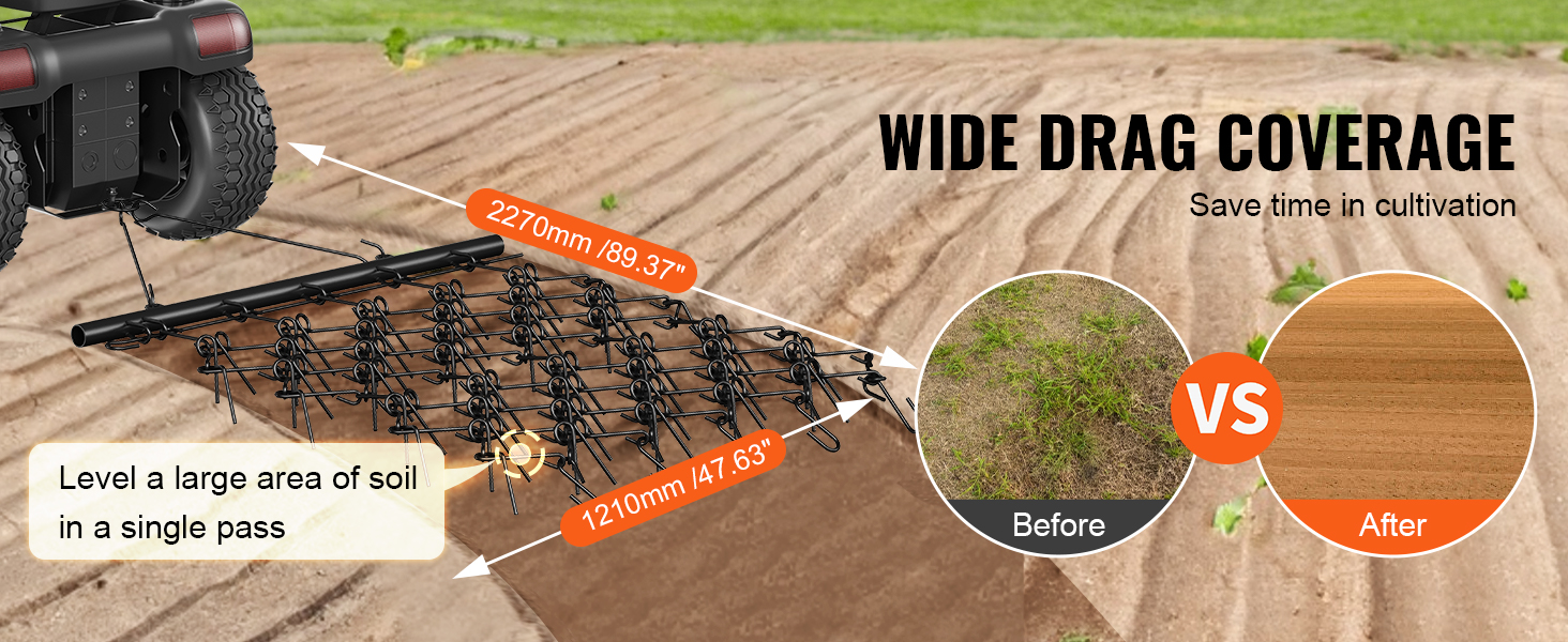 VEVOR drag harrow attached to an atv, leveling soil with wide drag coverage. before and after comparison.