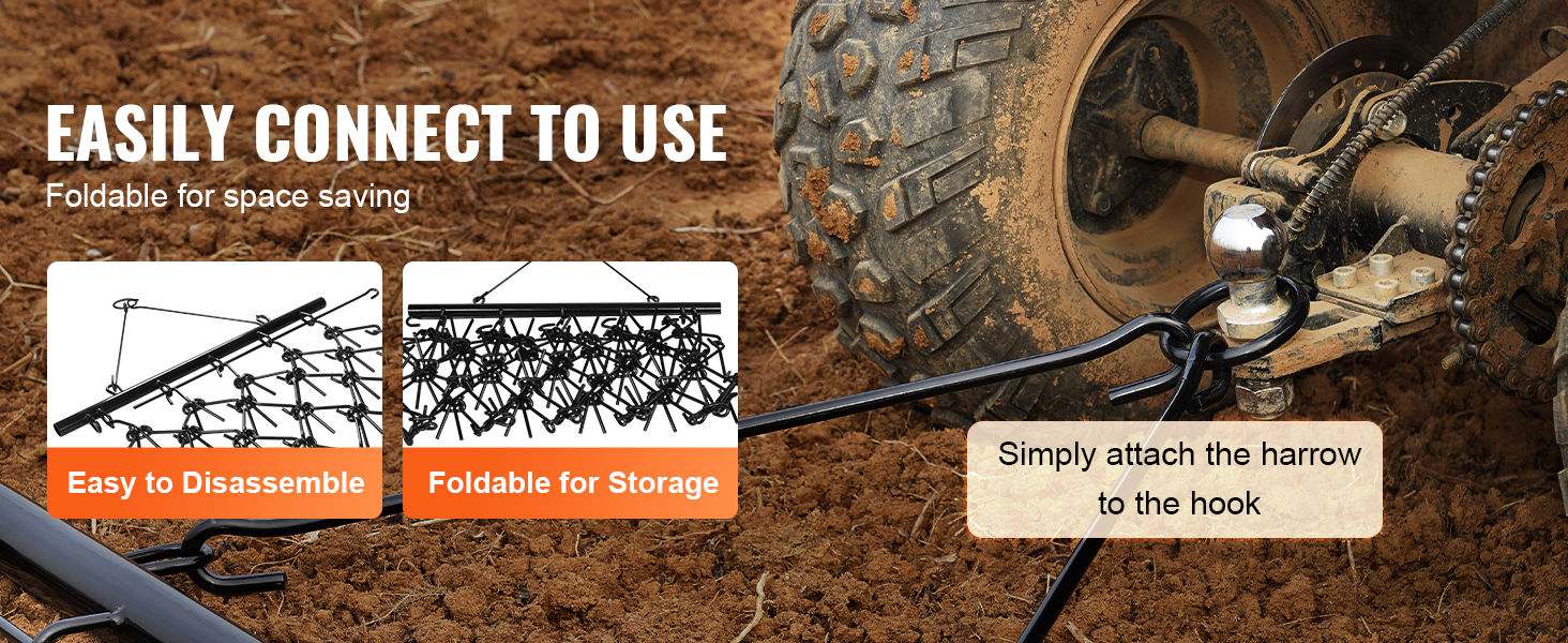 VEVOR drag harrow attached to a vehicle on soil, showing easy disassembly and foldable storage.