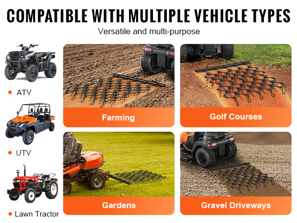 VEVOR drag harrow compatible with atv, utv, and lawn tractor for farming, golf courses, gardens, and driveways.