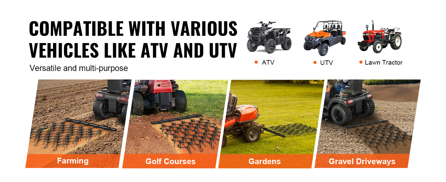 VEVOR drag harrow compatible with atv, utv, and lawn tractor for farming, golf courses, gardens, and driveways.