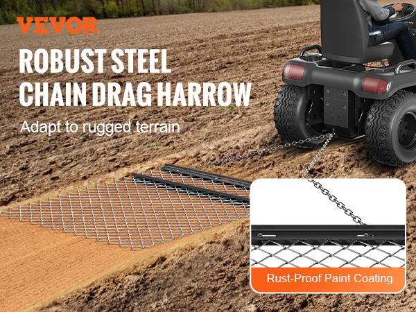 VEVOR drag harrow attached to a tractor on rugged terrain, showcasing rust-proof paint coating.