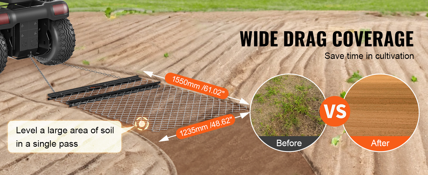 wide coverage VEVOR drag harrow leveling soil with before and after comparison circles.